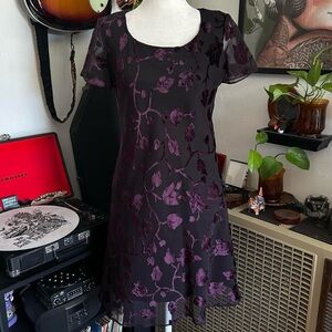 Vintage Whimsical Jones New York Black & Purple Floral Dress With Sheer Sleeves